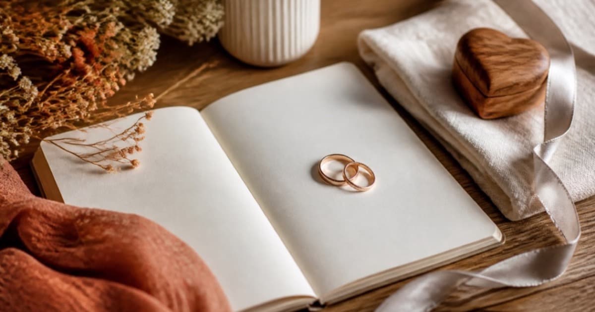 A couple's hands together on a table beside a small wrapped gift and two glasses