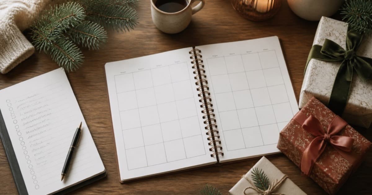 A calendar, notebook and wrapped gifts arranged for Christmas shopping planning