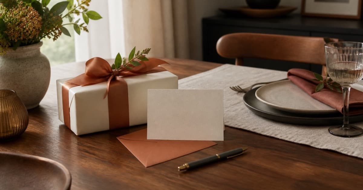 A wrapped gift and a handwritten thank-you card on a table