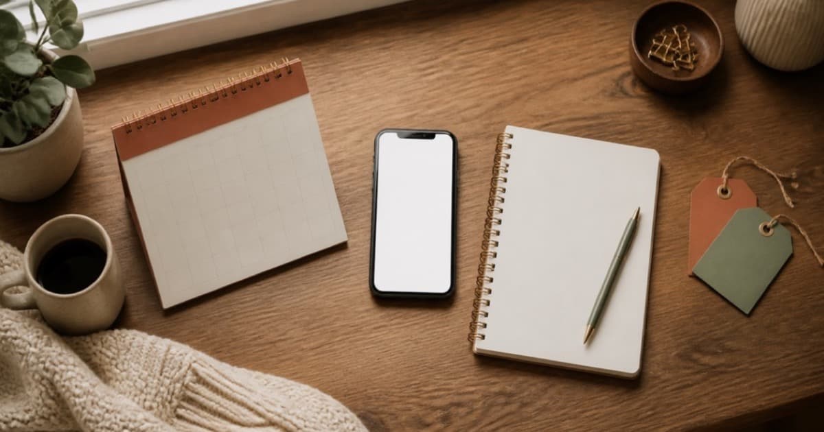 A calendar and notebook laid out on a desk with a pen, used for planning gifts