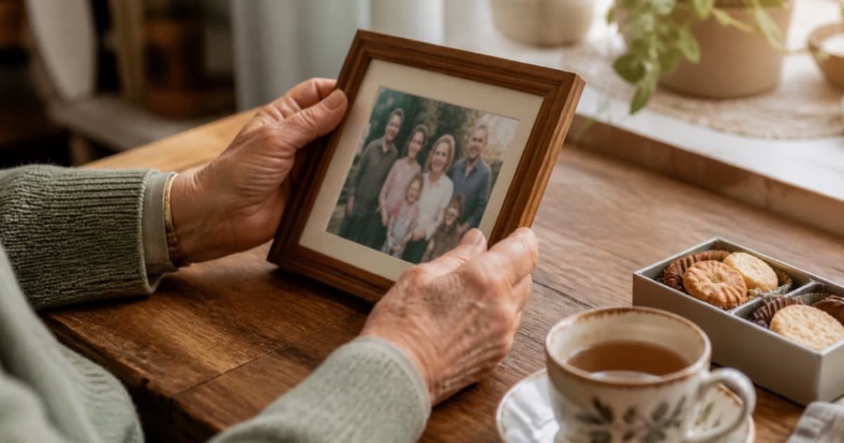 An older person's hands holding a framed family photograph