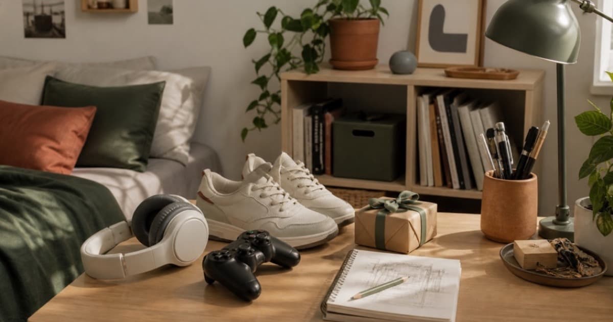 A teenager's desk with headphones, a phone, sneakers and everyday items