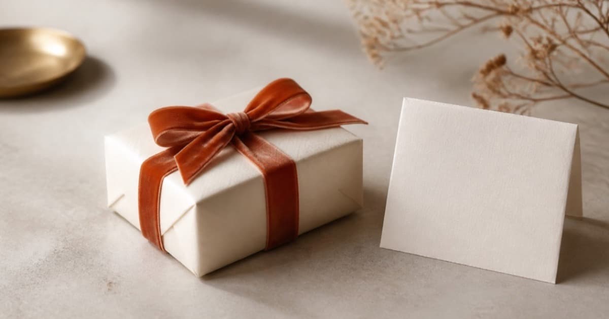 A small, elegantly wrapped gift with brown paper and twine on a marble surface