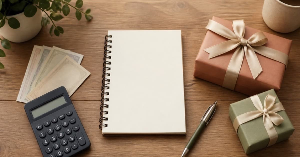 Wrapped gifts and a notebook with a handwritten gift budget on a wooden table