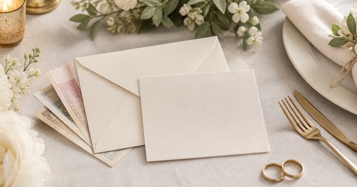 A wedding card and envelope on a table beside flowers and a place setting