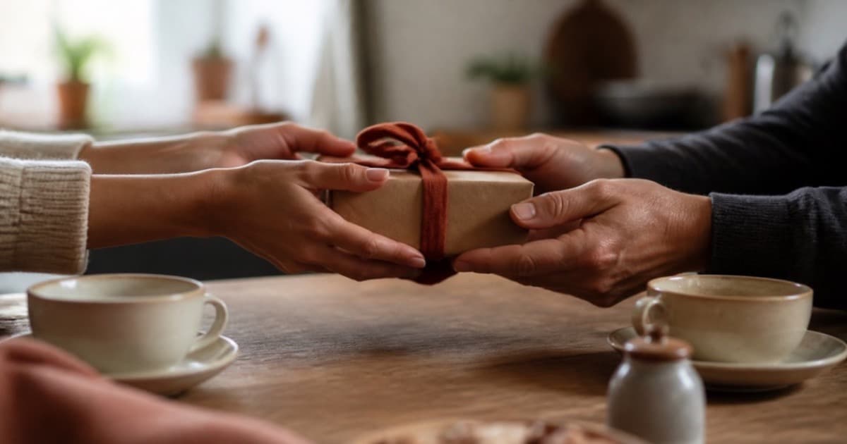 A couple exchanging a small wrapped gift at a kitchen table