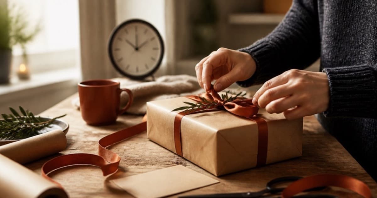 A gift wrapped simply in brown paper with twine and a handwritten card