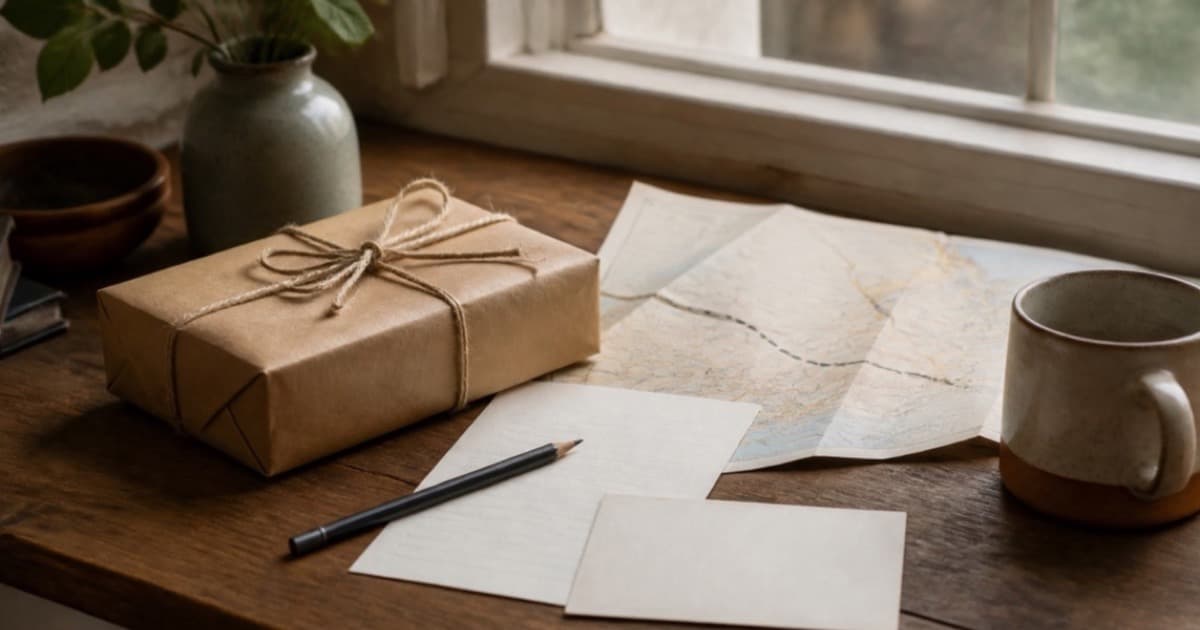 A wrapped parcel and handwritten letter ready to post at a kitchen table