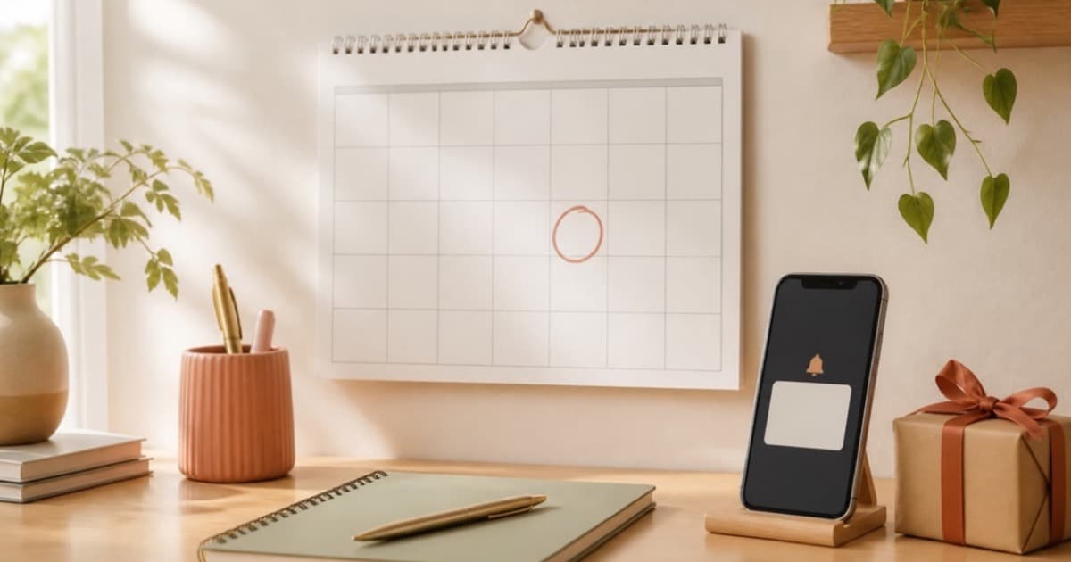 A wall calendar with dates circled beside a phone and a small wrapped gift