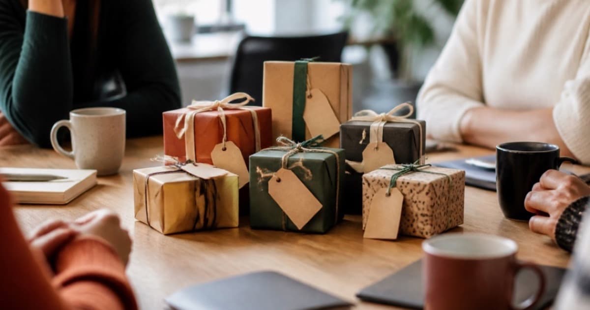 A group of colleagues exchanging small wrapped gifts around an office desk